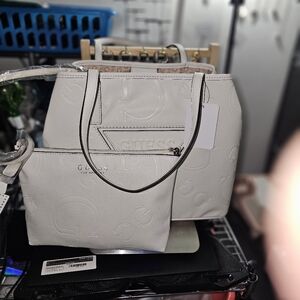 GUESS Embossed Logo Tote and Pouch Set in White
